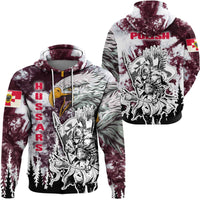 Hoodie with maroon-and-white tie-dye, eagle rider graphic, front pocket pouch
