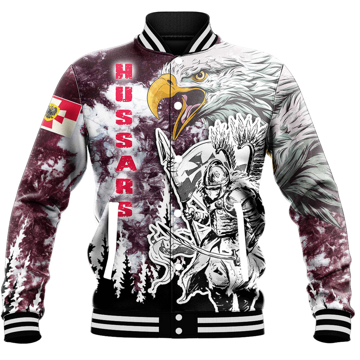 Baseball jacket in maroon-and-white tie-dye with eagle and warrior front graphic, button placket