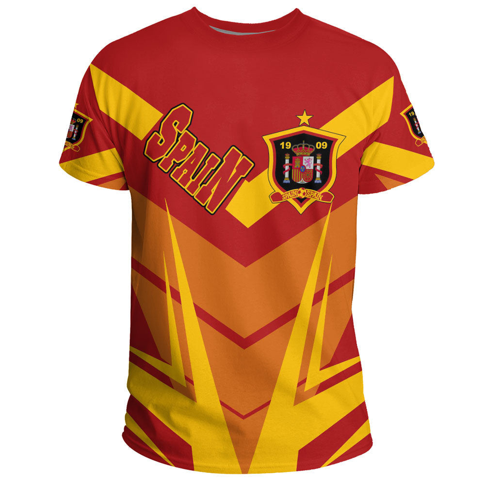 Sporty Spain t-shirt front, red-yellow chevron stripes with SPAIN lettering and crest