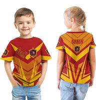 Kids Spain t-shirt with red-yellow chevron pattern; front and back show SPAIN and crest