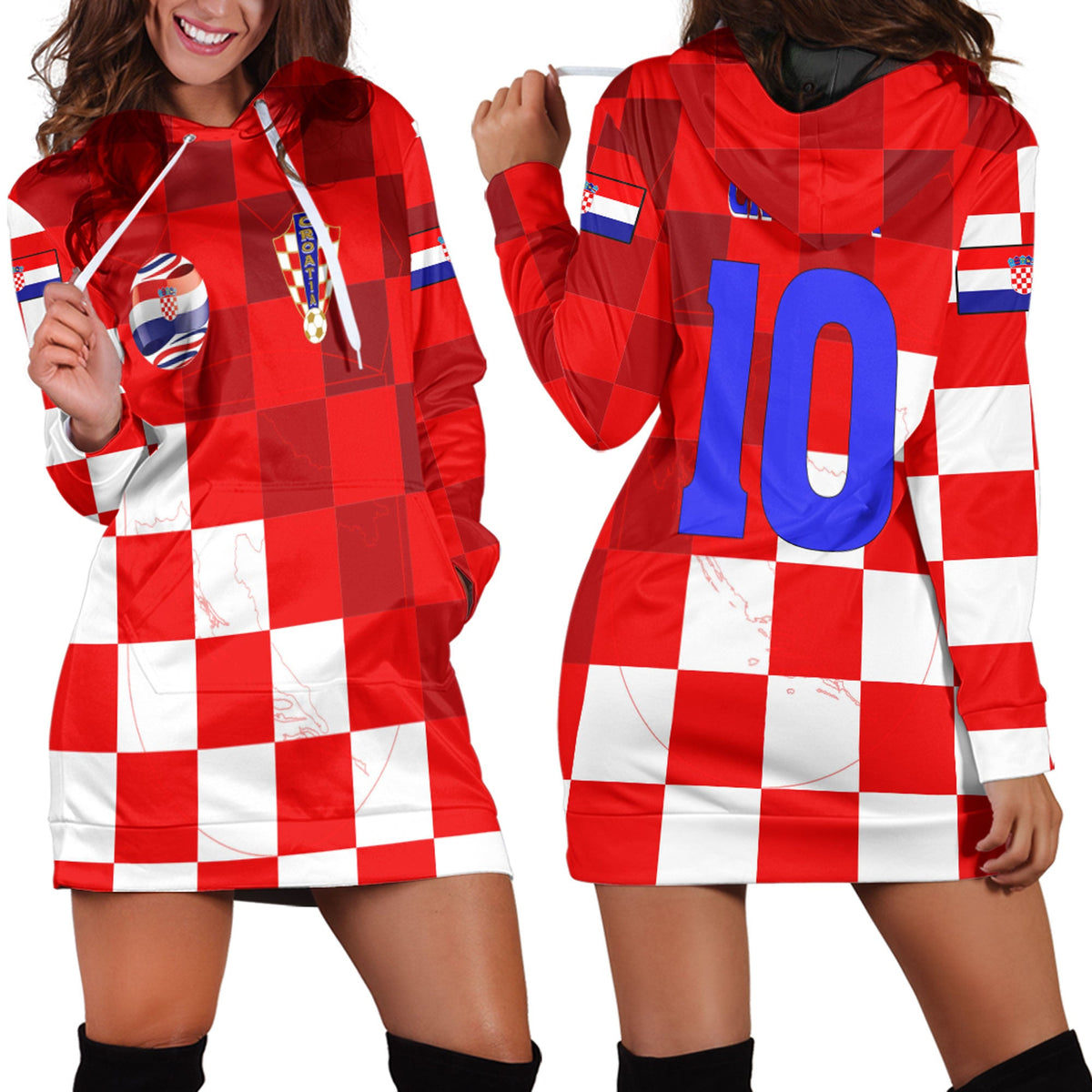 Red and white check soccer hoodie dress with front pocket, drawstring hood
