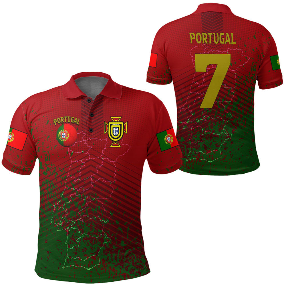 Soccer polo shirt with Portugal crest, number 7, red and green graphics, short sleeves.
