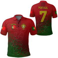 Soccer polo shirt with Portugal crest, number 7, red and green graphics, short sleeves.