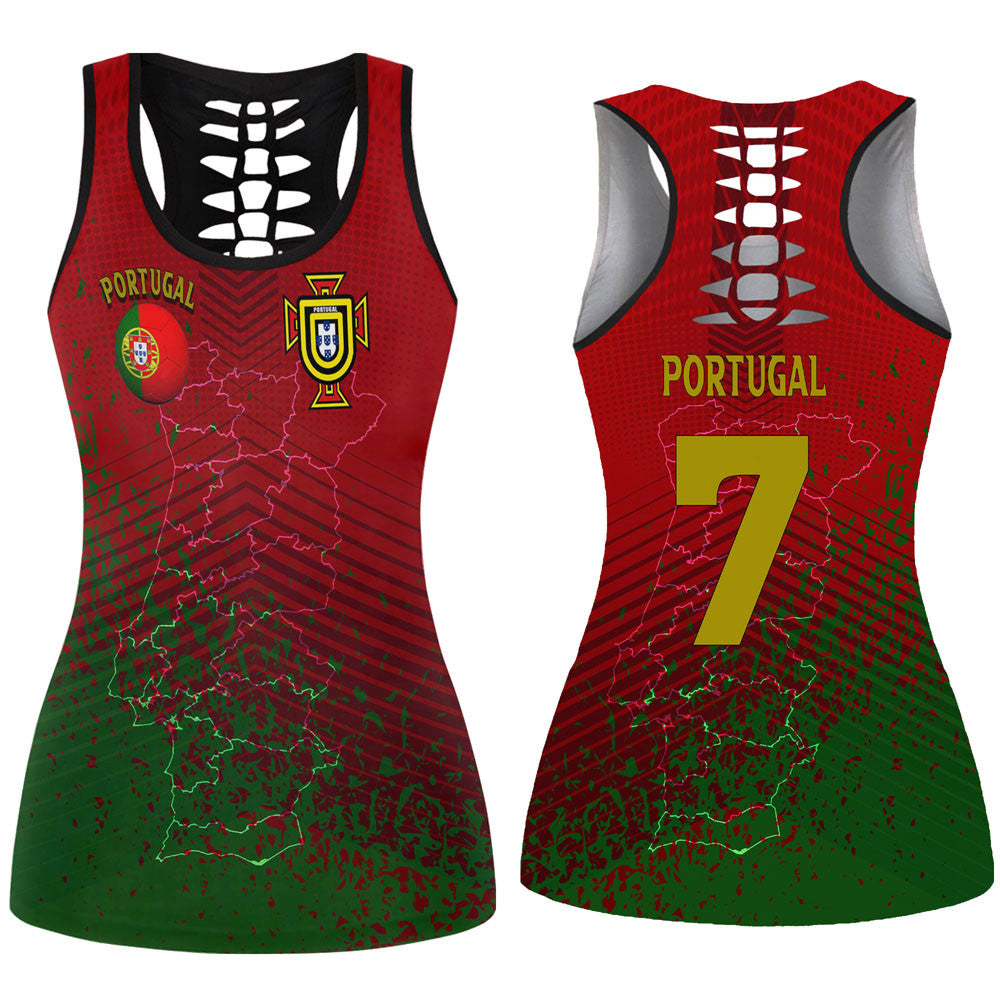 Portugal soccer-style hollow tank top, red and green with black racerback yoke and graphics
