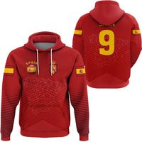 Spain soccer hoodie, red pullover with crest and flag sleeve prints