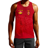 Red Spain soccer tank top with SPAIN text, crest and circular emblem on chest