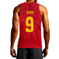 Red Spain soccer tank top back with SPAIN lettering and large yellow number 9