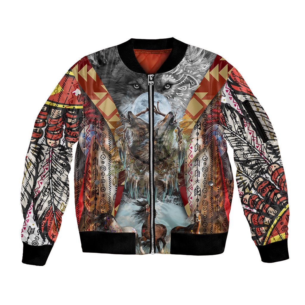 native-american-feather-headdress-with-native-horses-and-three-wolves-in-moonlight-african-pattern-sleeve-zip-bomber-jacket