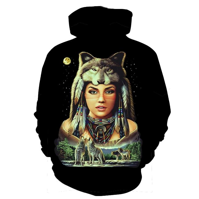 Black pullover hoodie with all-over Native-style graphic of a woman and wolf face
