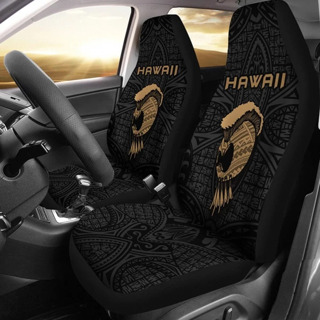 Black Hawaii warrior seat covers installed, matching patterns on front seat cushions.