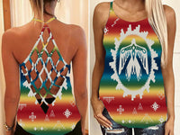 Rainbow crisscross tank showing back straps; circular feather thunderbird emblem