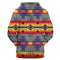 Grey pullover hoodie with red yellow purple Native cross-and-star geometric 3D print