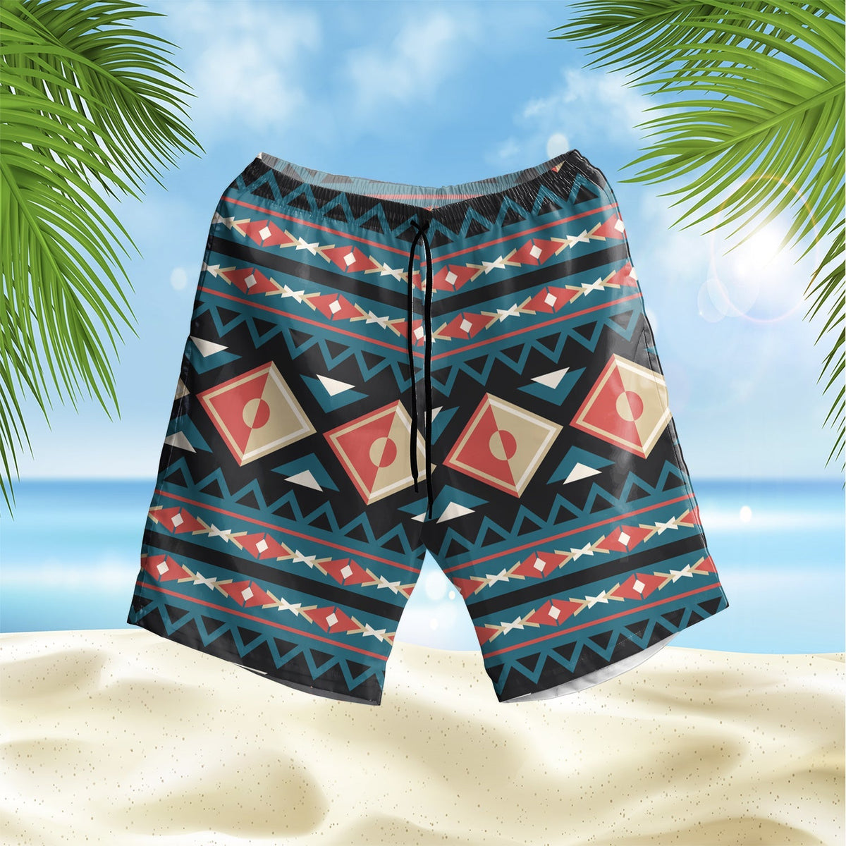 Multicolor geometric diamond pattern swim shorts with elastic drawstring waist