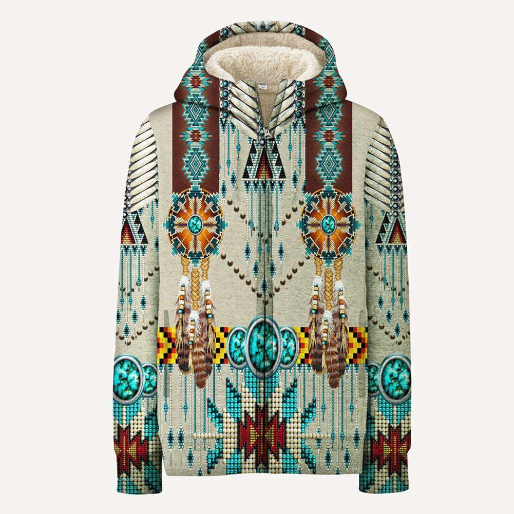 Turquoise and multicolor patterned fleece hoodie with faux-fur lined hood and breastplate graphic