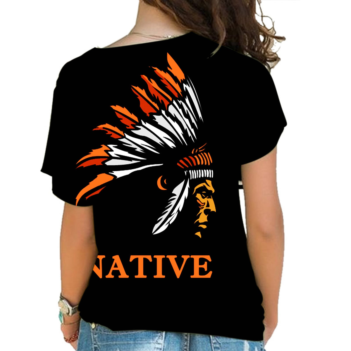 Back view: black cold-shoulder T-shirt with multicolor chief head graphic
