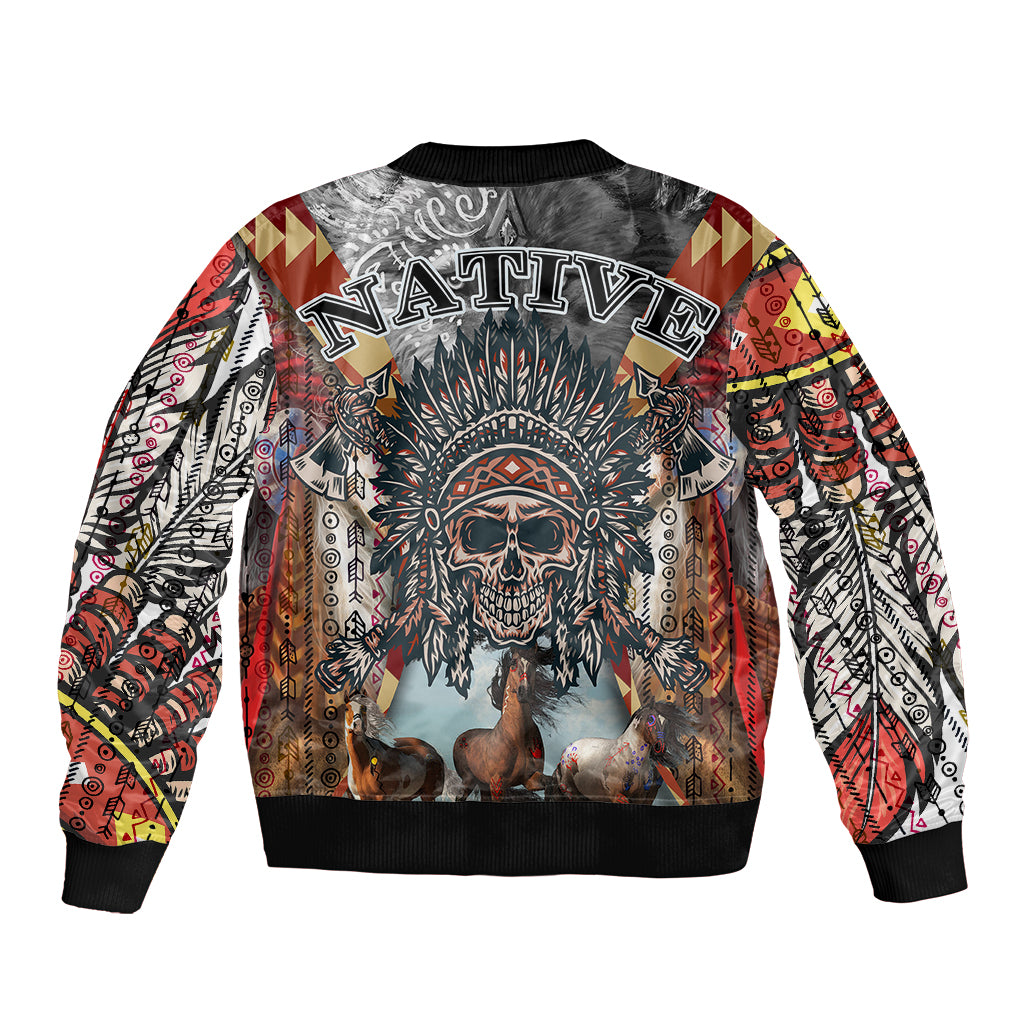 Black bomber jacket with Native skull, feathers and wolves, colorful geometric side prints