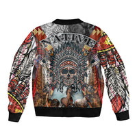 Black bomber jacket with Native skull, feathers and wolves, colorful geometric side prints