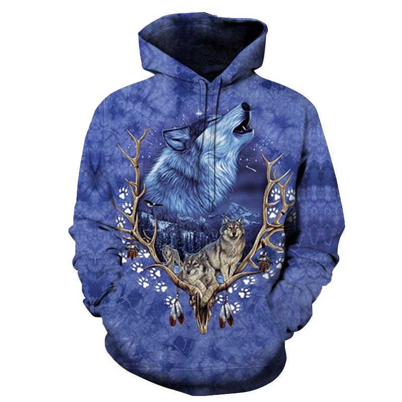 Blue pullover hoodie with all-over wolf graphic and native-inspired dreamcatcher motifs