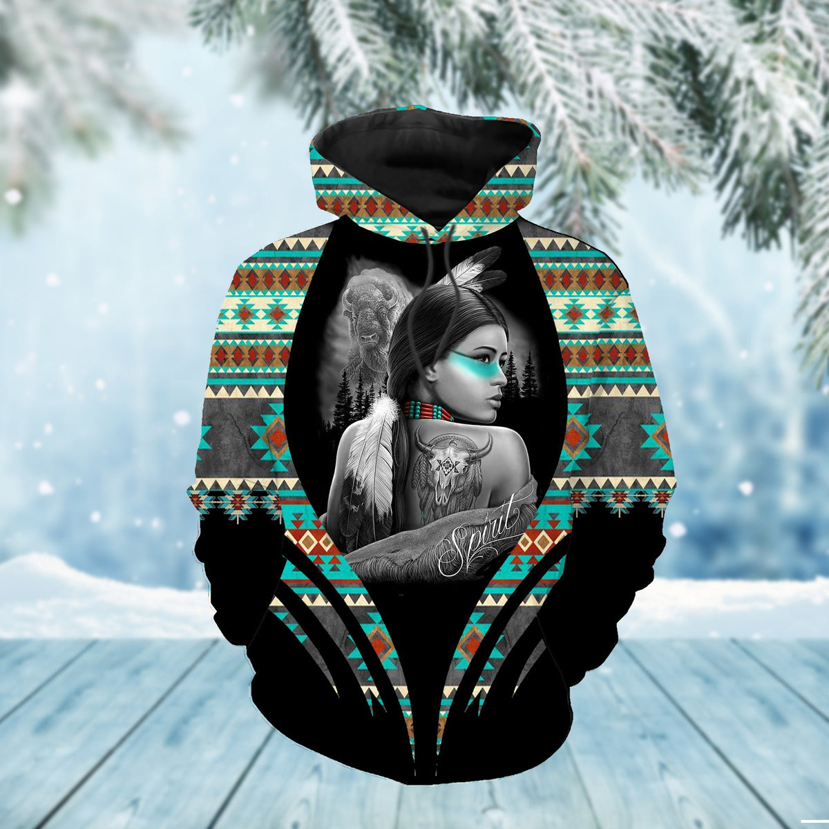Girls pullover hoodie, black with multicolor geometric trim and 3D Native-themed portrait graphic