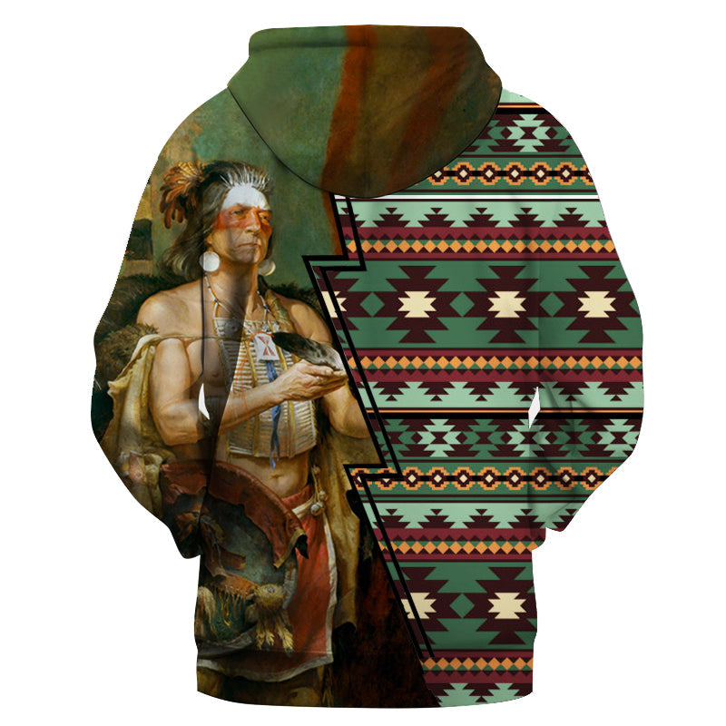 Pullover-Hoodie, Native-Chief Porträt vorn, Kapuze, grün-buntes Muster