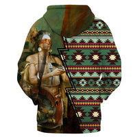 Pullover-Hoodie, Native-Chief Porträt vorn, Kapuze, grün-buntes Muster