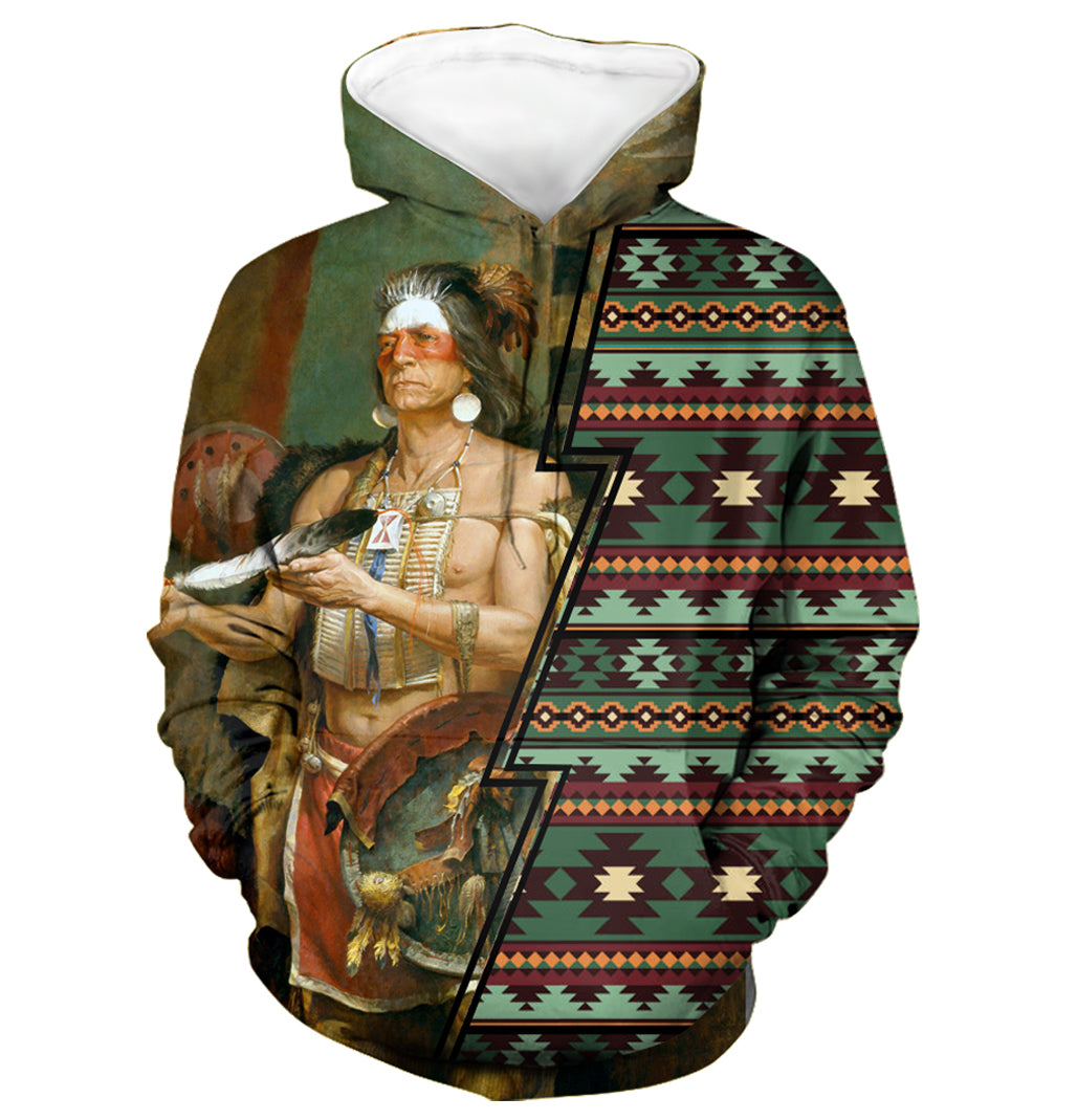 Pullover-Hoodie mit 3D Native-Chief Motiv, Kapuze, buntes Tribal-Muster