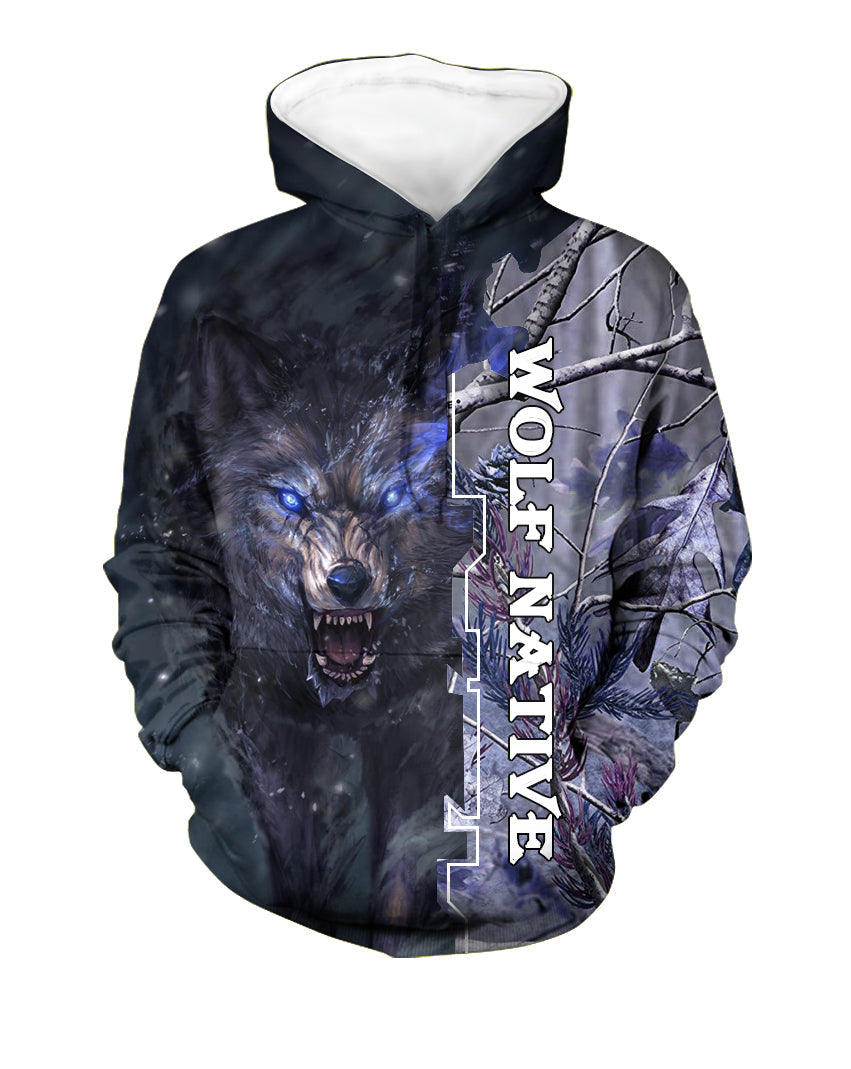 Dark multicolor wolf 3D pullover hoodie with hood and front graphic