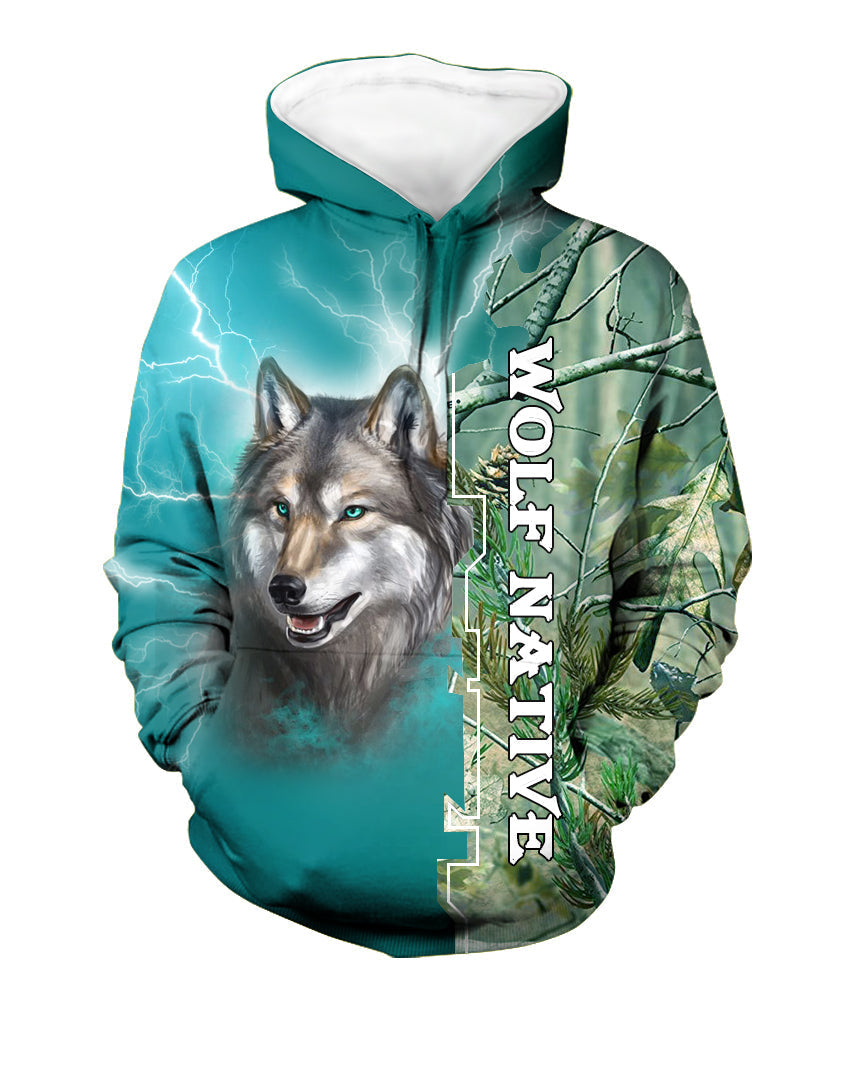 Pullover hoodie with wolf graphic, lightning teal design, hood and kangaroo pocket