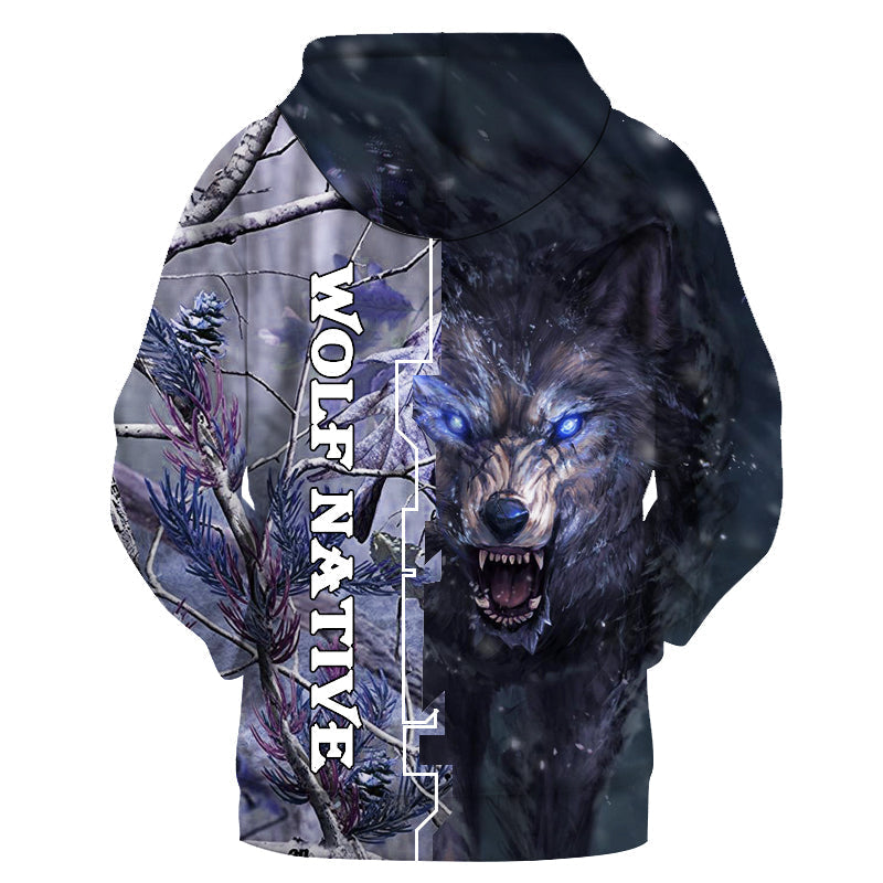 Dark multicolor wolf 3D pullover hoodie with full back/side print and hood