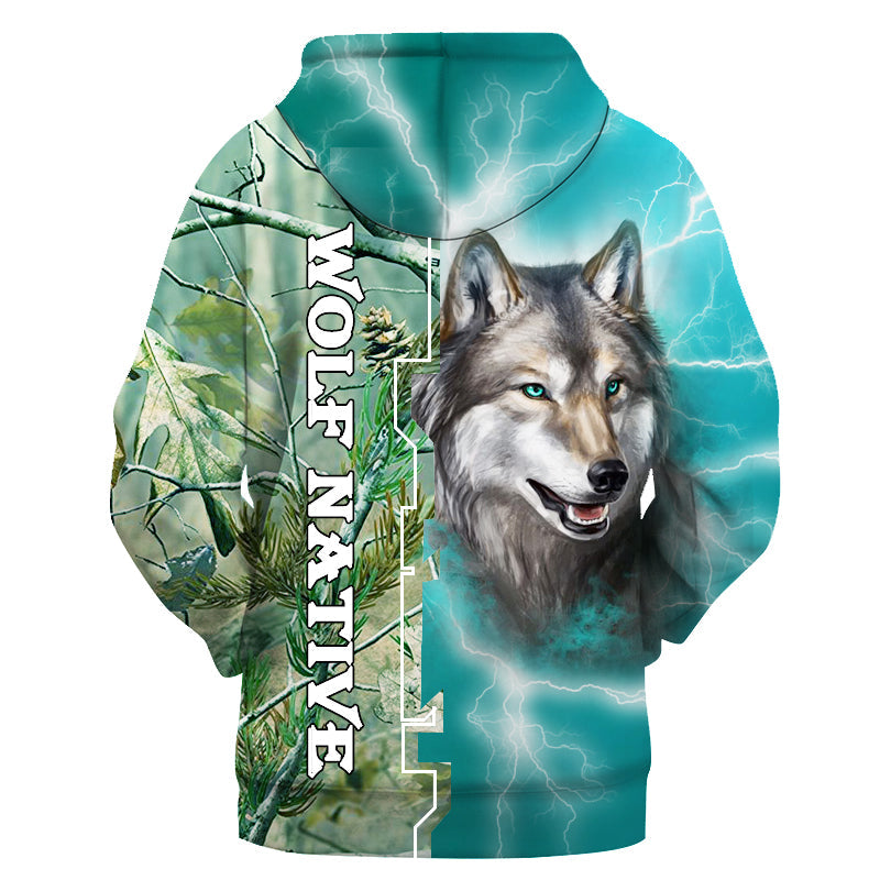 Pullover hoodie wolf portrait with teal lightning and foliage on sleeves, full front