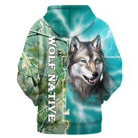 Pullover hoodie wolf portrait with teal lightning and foliage on sleeves, full front