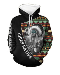 Black pullover hoodie with 3D-style Native chief portrait and colorful aztec pattern
