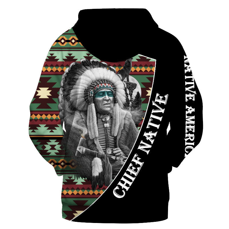 Black hoodie with 3D Native chief portrait front, multicolor geometric border, sleeve graphic