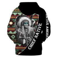 Black hoodie with 3D Native chief portrait front, multicolor geometric border, sleeve graphic