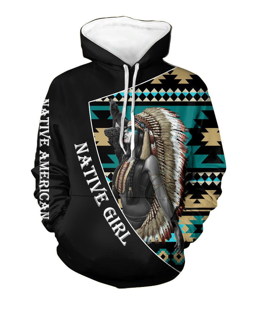 Black pullover hoodie, 3D feather headdress graphic on front