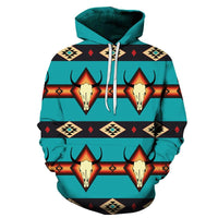 All-over hoodie: multicolor tribal bison pattern, pullover hood, drawstrings