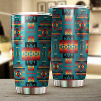 Set of two 20oz tumblers with teal Native-inspired multicolor pattern and stainless bases