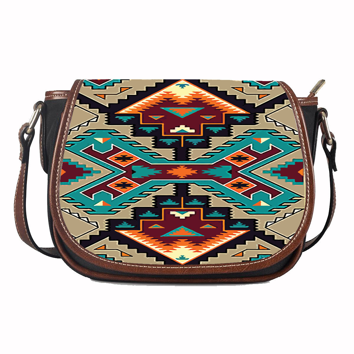 Saddle bag with dark brown leather trim and multicolor Native-style geometric print