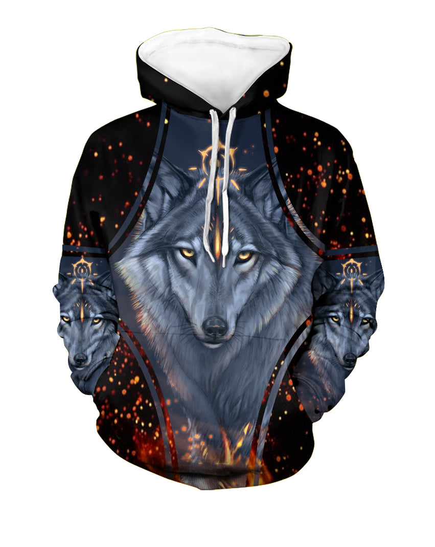 Multicolor wolf 3D print pullover hoodie with white drawstring hood, dark base