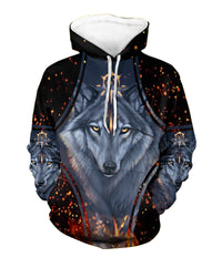 Multicolor wolf 3D print pullover hoodie with white drawstring hood, dark base