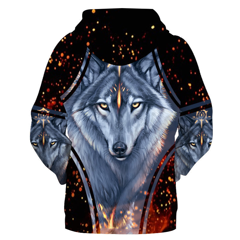 Wolf face 3D print pullover hoodie, dark with fiery ember speckles and blue-gray fur