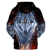 Wolf face 3D print pullover hoodie, dark with fiery ember speckles and blue-gray fur