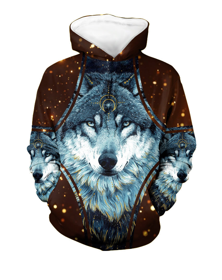 Brown pullover hoodie with blue wolf 3D graphic, white hood, long drawstrings
