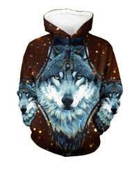 Brown pullover hoodie with blue wolf 3D graphic, white hood, long drawstrings