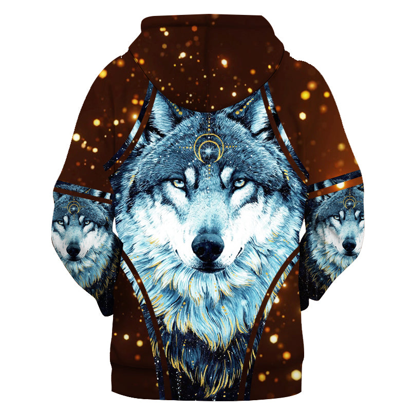 Brown pullover hoodie with centered blue-gray wolf face 3D print and gold speckles