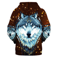 Brown pullover hoodie with centered blue-gray wolf face 3D print and gold speckles