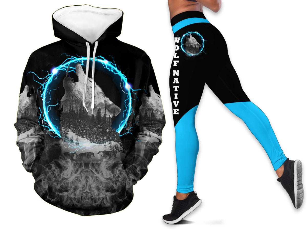Black hoodie with blue circular wolf graphic and smoke, paired with blue leggings