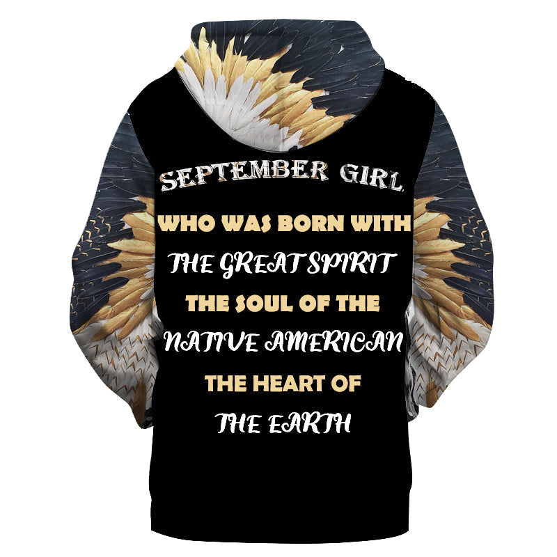 Black pullover hoodie with September Girl text and feather wing artwork