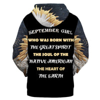 Black pullover hoodie with September Girl text and feather wing artwork