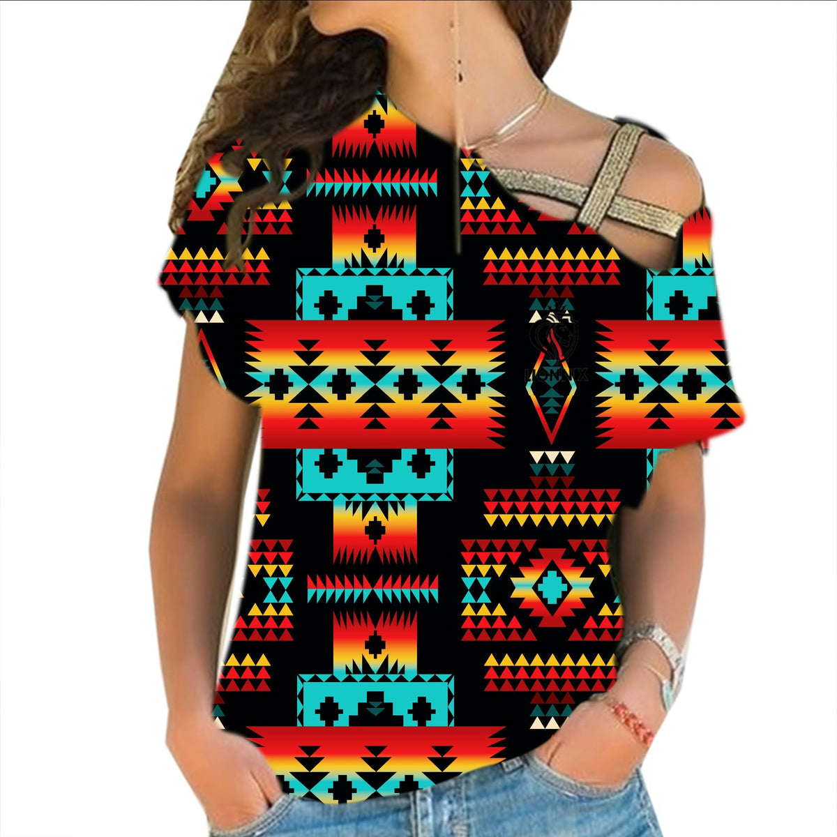Black native tribes pattern cross-shoulder T-shirt, multicolor geometric design, short sleeves